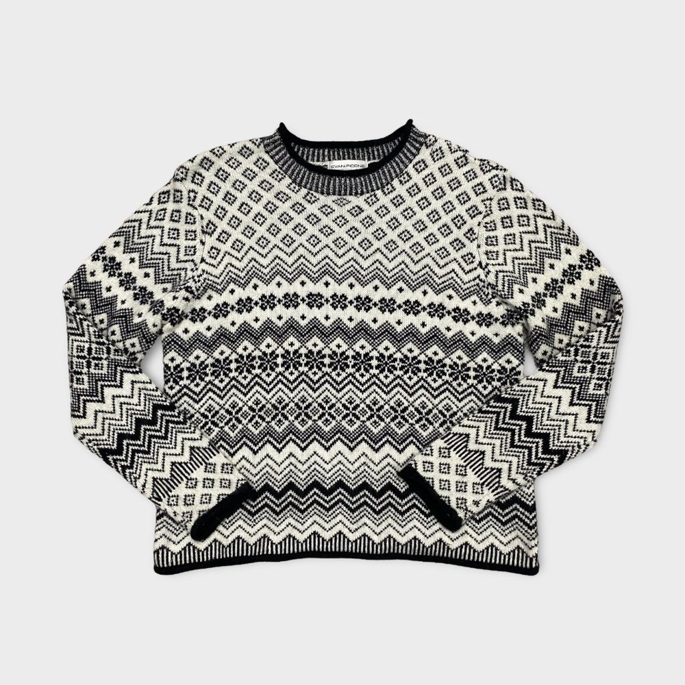 Evan Picone Fair Isle Black & White Wool Blend Sweater